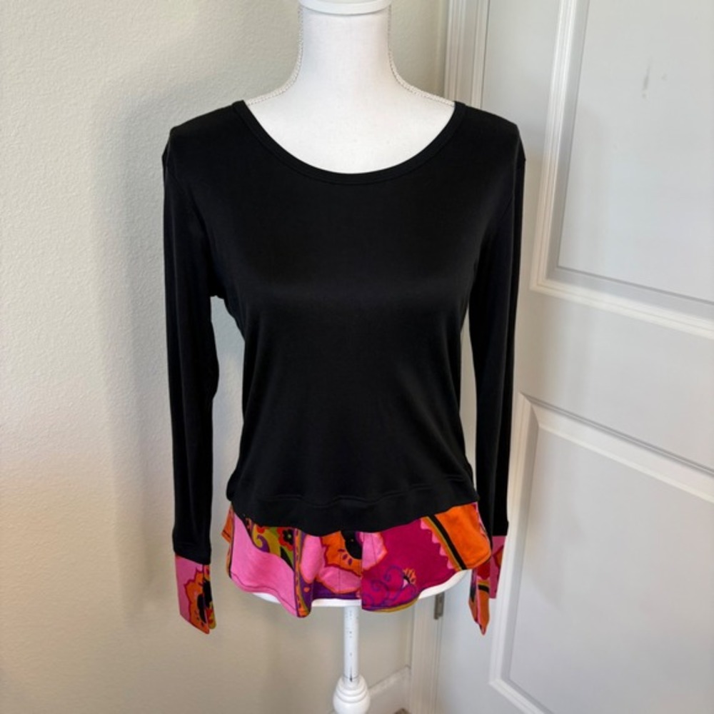 Amuse by Lynn Ritchie Silk Blend Long Sleeve Top Black Floral Trim Womens M Y2K